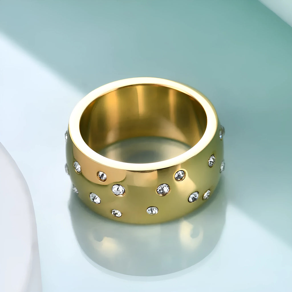 Starry geometric titanium steel women's ring with diamond treatment in black, gold, rose gold, or steel colour.