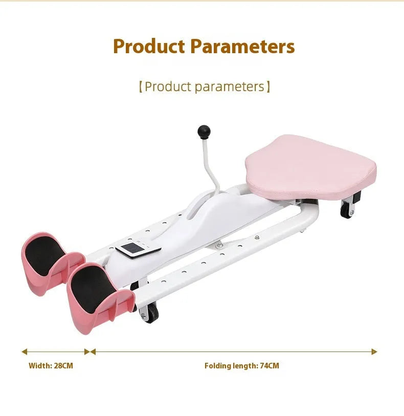 Pink and blue adjustable leg stretching trainer with steel frame and foam padding on a studio floor.