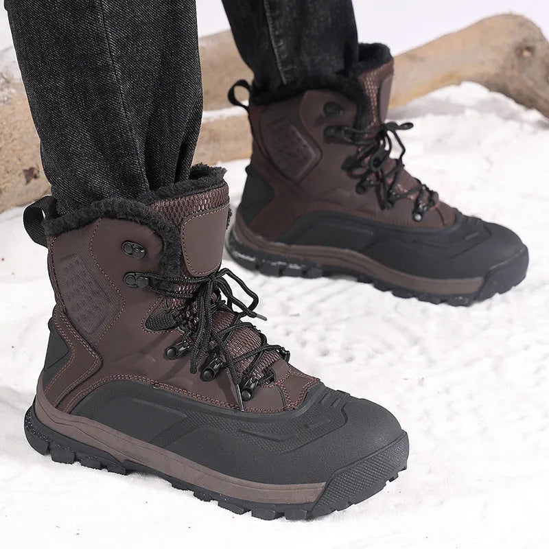 Men's black high-top lace-up boots with fleece lining, shown on a flat heel with a ribbed TPR outsole.
