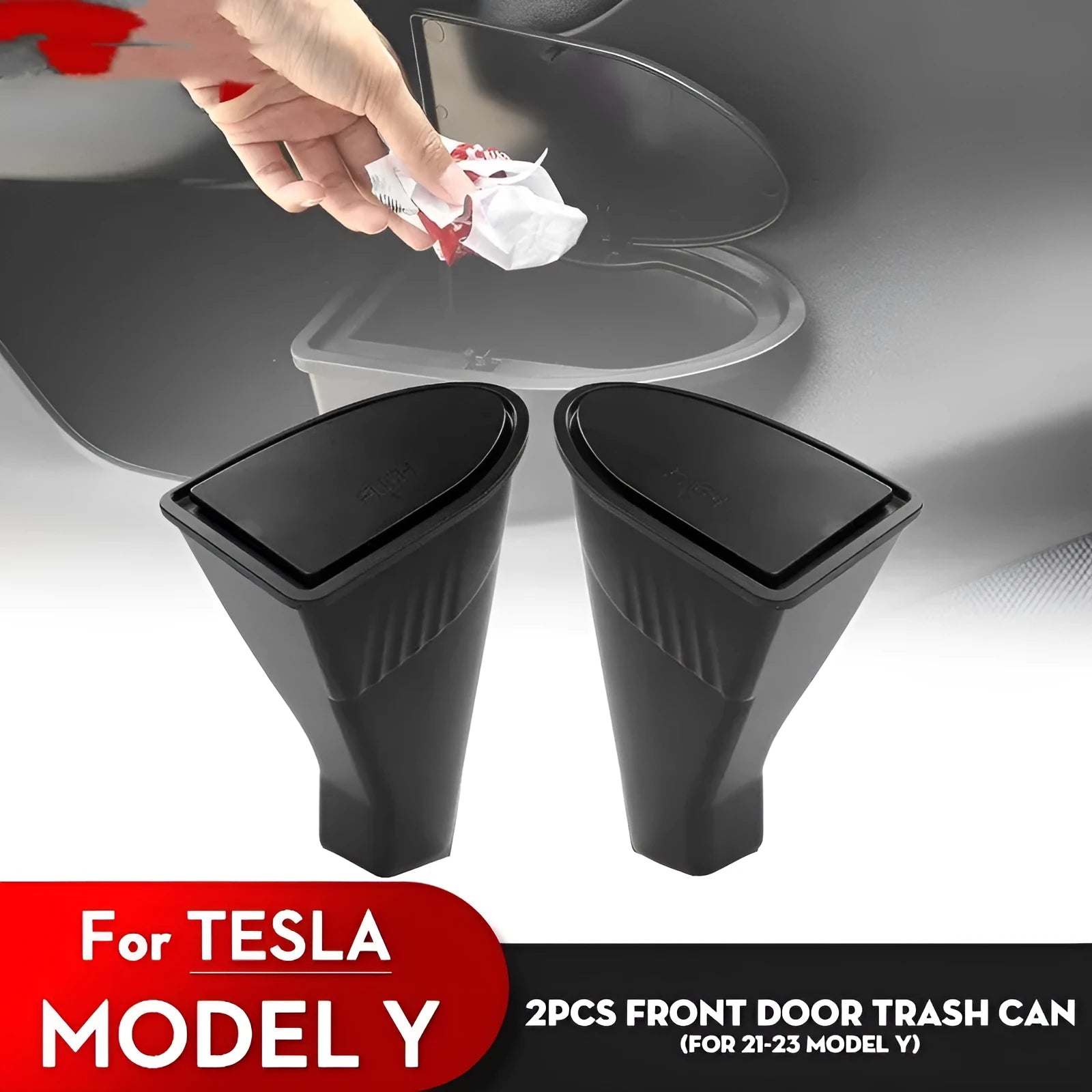 Two black ABS plastic car door storage bins for Tesla Model Y front seats.