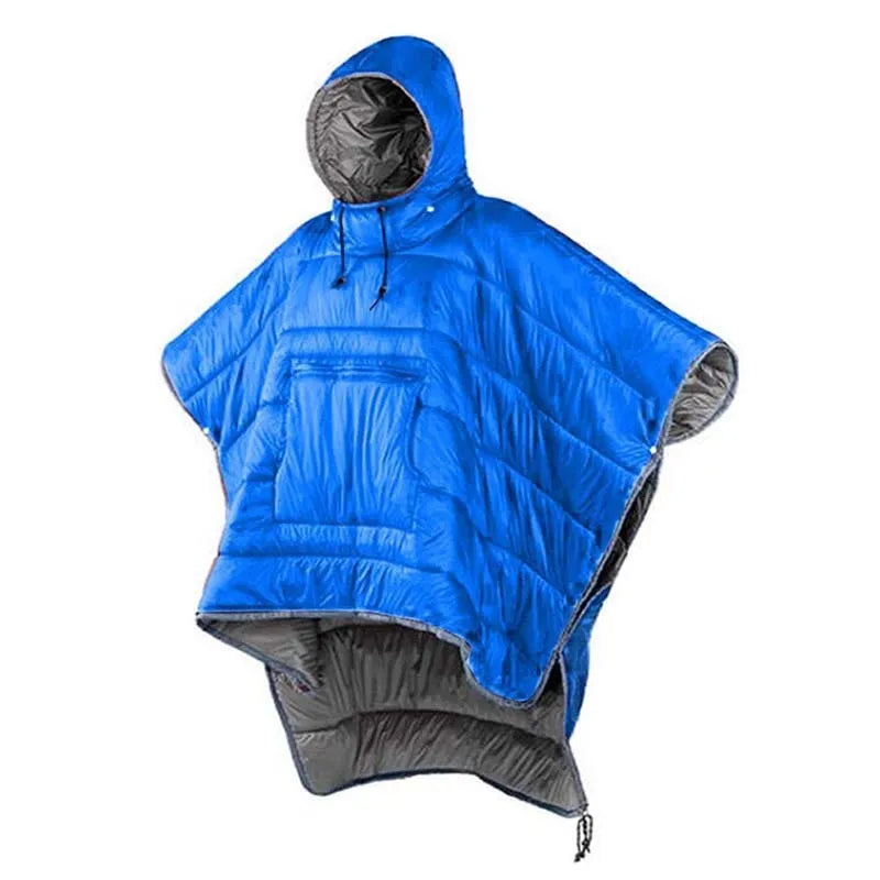 Army Green outdoor cloak sleeping bag worn as a cape, showing its 200x140cm size and nylon fabric.