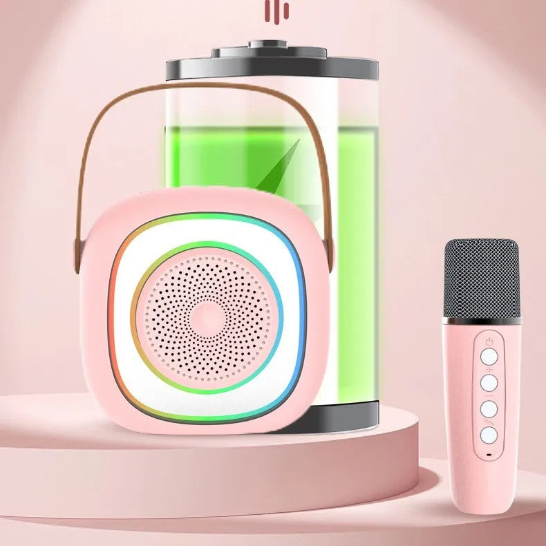 Wireless home karaoke audio microphone kit with Bluetooth unit, showing colour options like black double wheat.