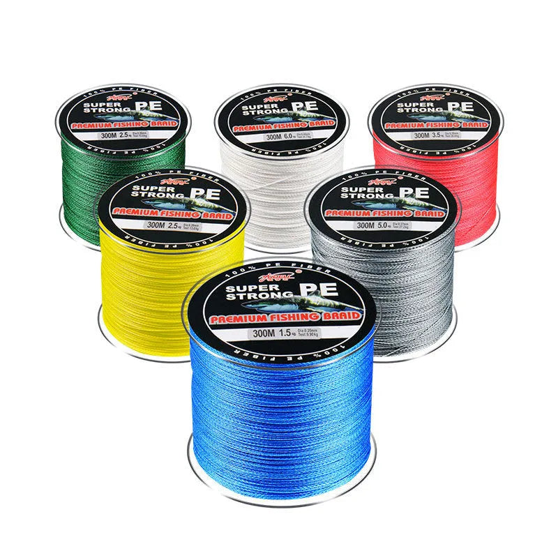 Spool of Dali Mayu PE braided fishing line showing colour options on a 300-metre reel