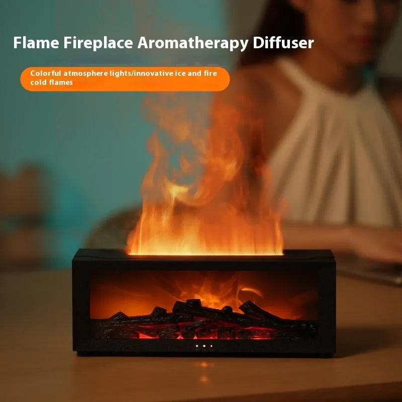 Square black flame effect aromatherapy diffuser with coloured LED lights and mist emitting, remote control beside it.