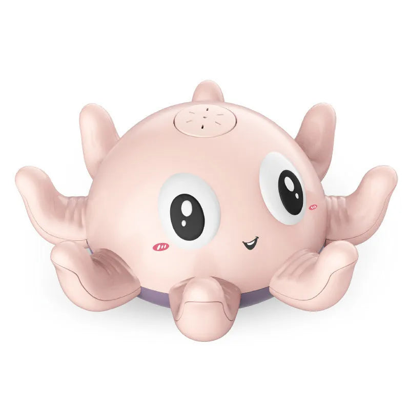 Blue octopus automatic water spray bath toy with flashing lights on a white background
