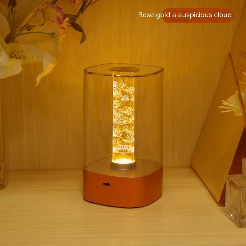 LED touch atmosphere lamp in rose gold with abstract pattern, measuring 88 x 155 mm