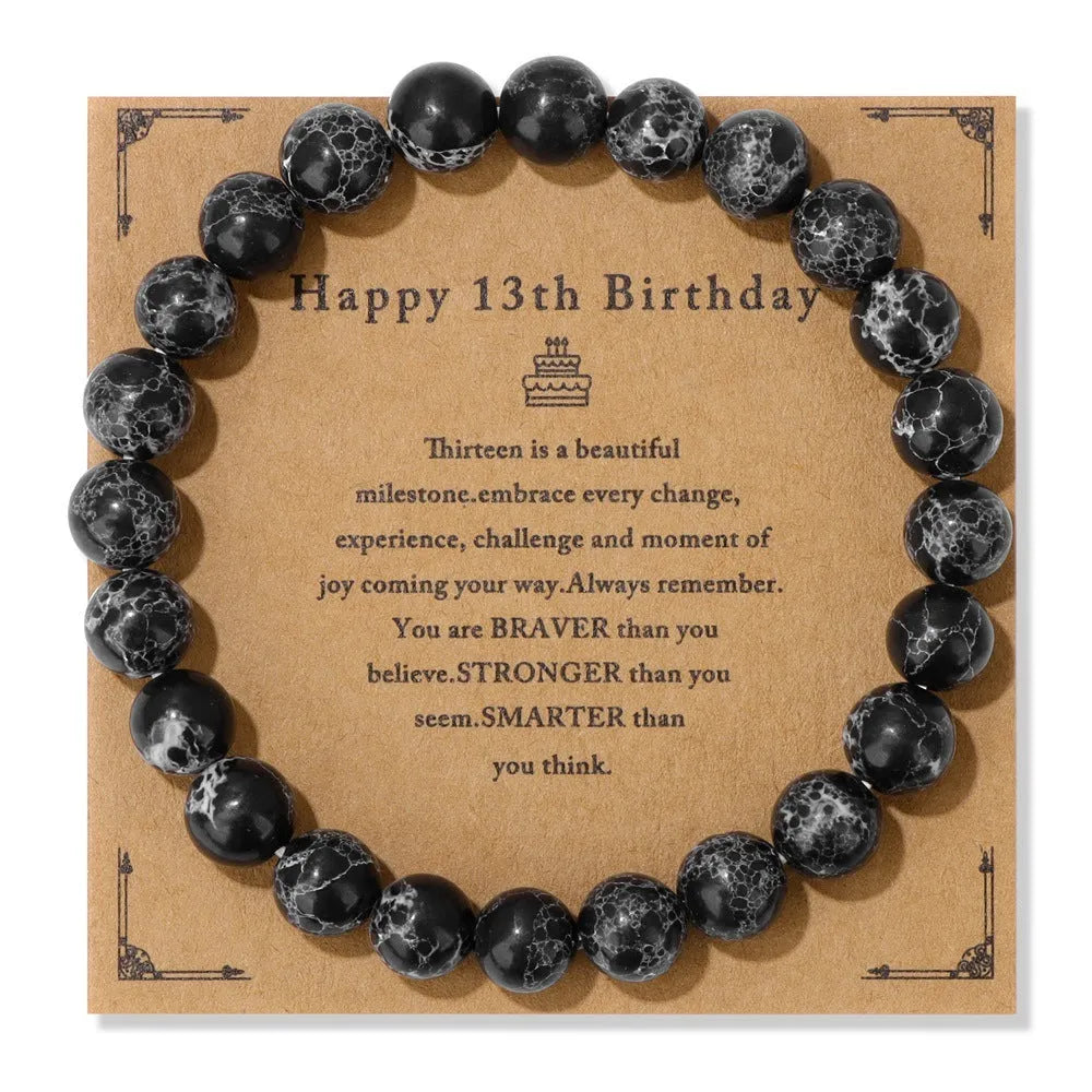 Men's natural stone bead elastic string bracelet in geometric circle style with birthday card