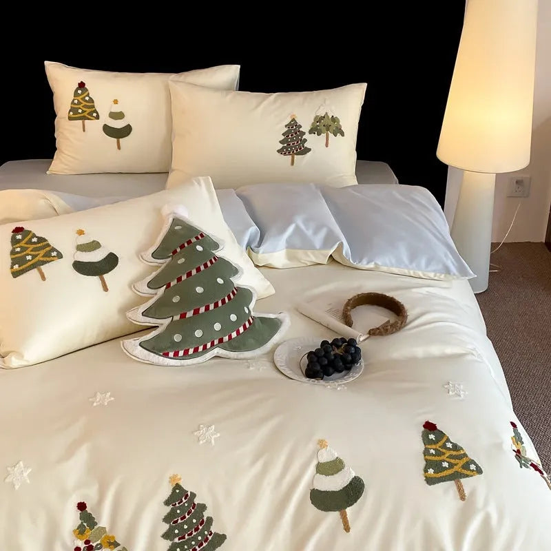 Christmas tree towel embroidery pure cotton bed linen four-piece set with plants and flowers pattern