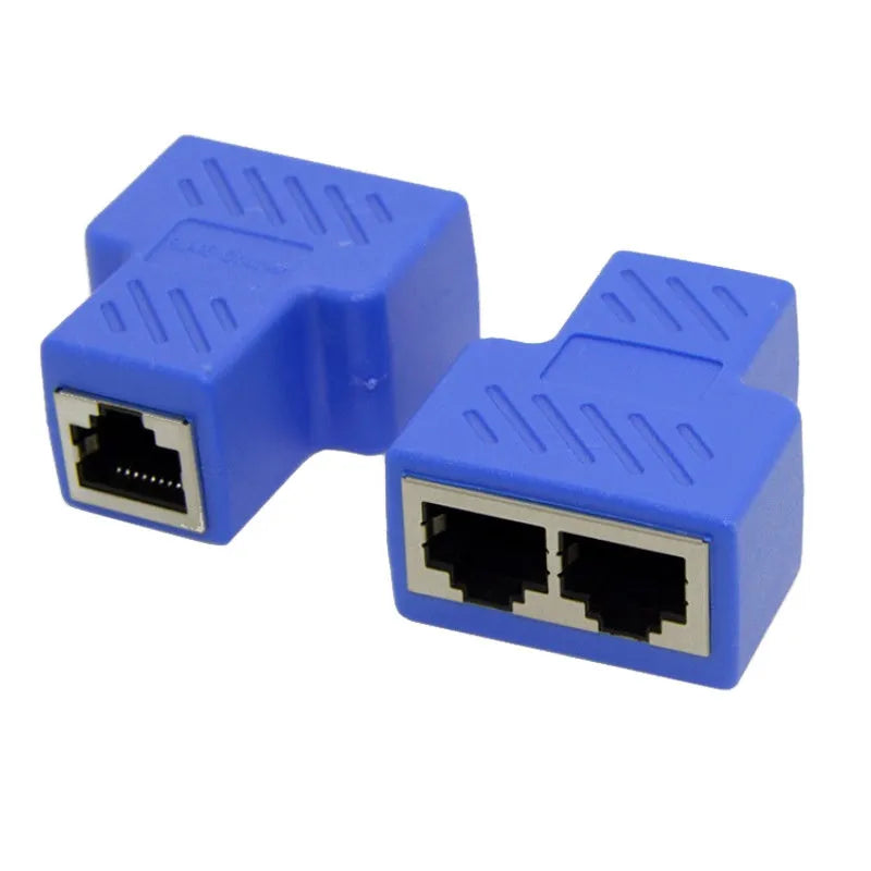 White RJ45 three-way network cable splitter adapter on a black background.