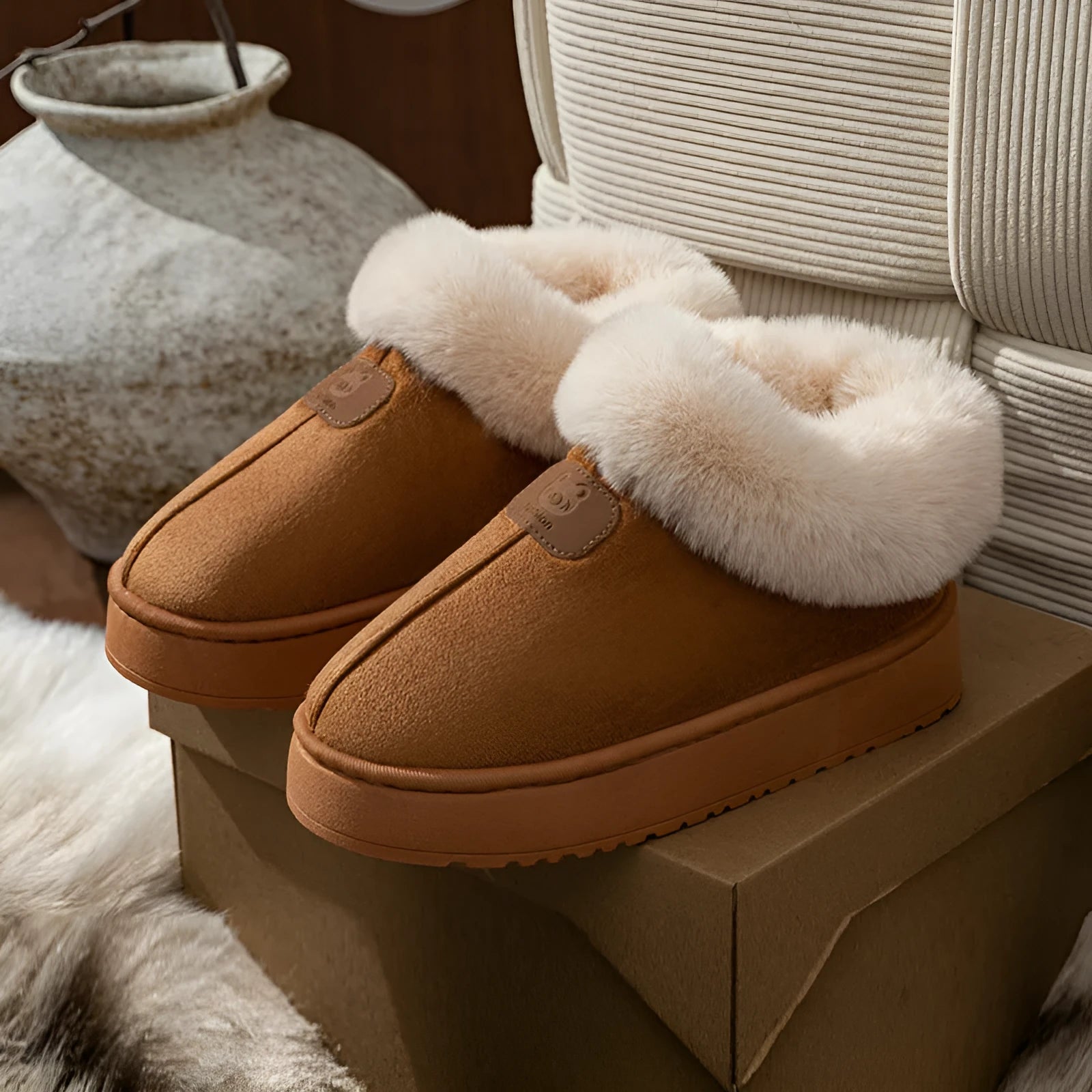 Women's solid colour suede slippers with bear logo heel cover, round head shape, casual style