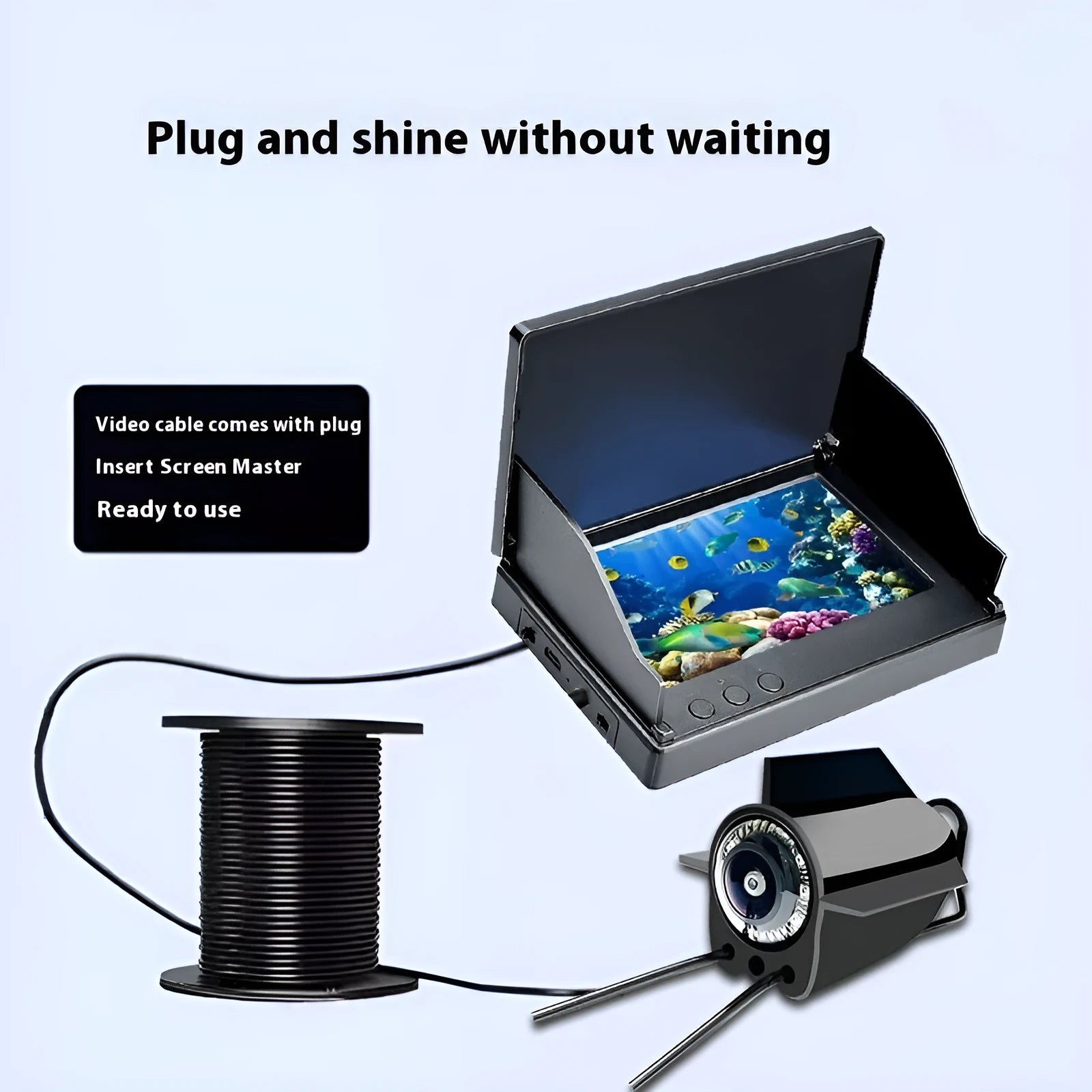 Underwater fish finder HD camera with 4.3-inch screen, 8 LED lights, and a choice of 15, 20, or 30-metre cable.