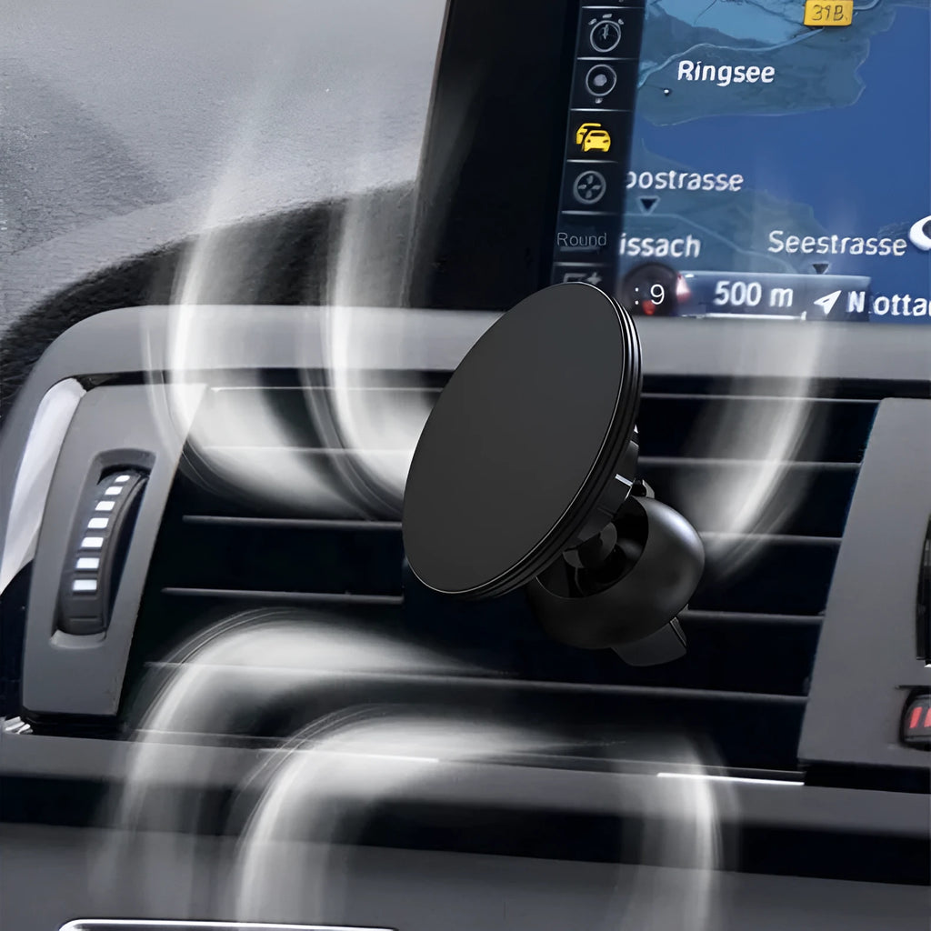 Black aluminium alloy magnetic car phone holder mounted on central control air vent