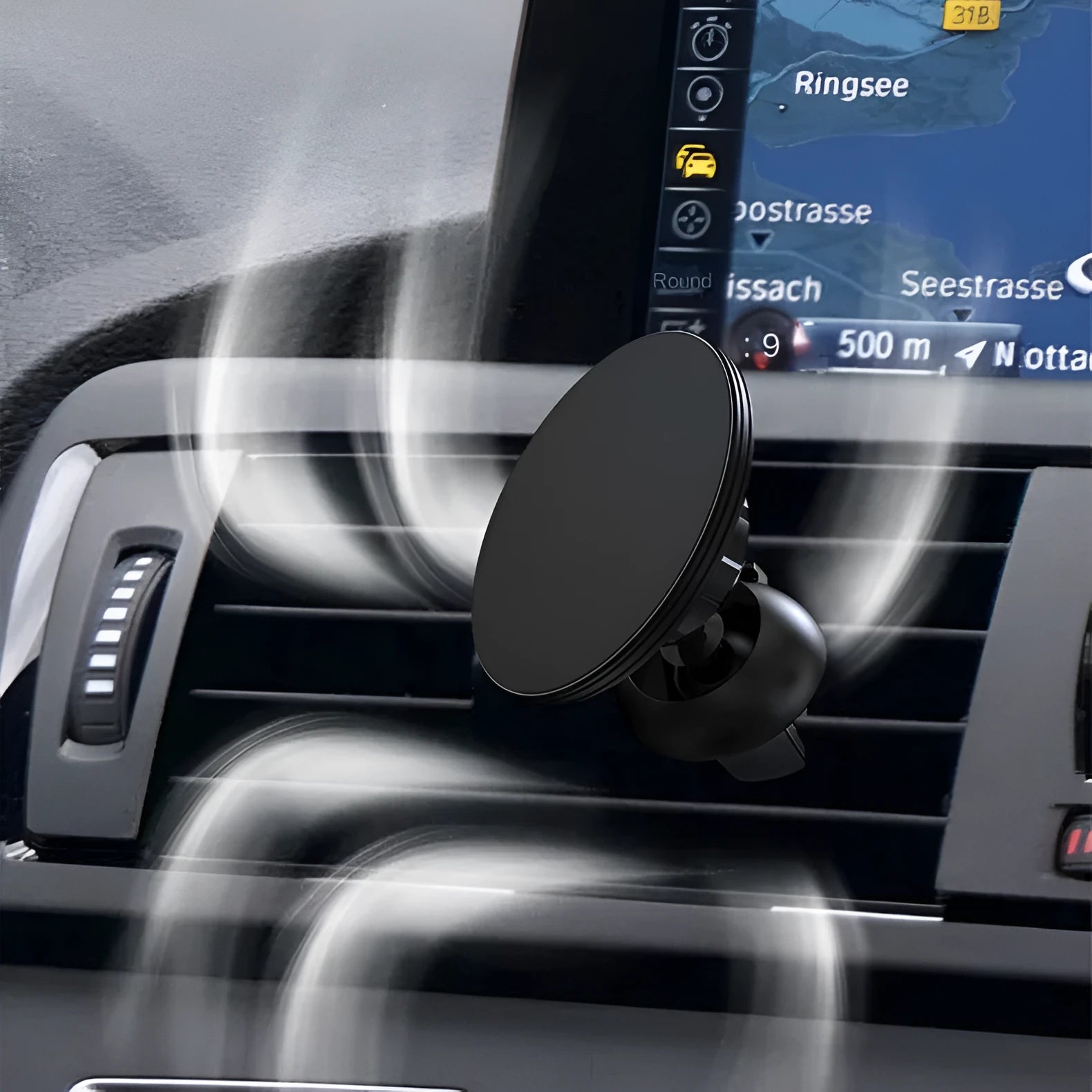 Black aluminium alloy magnetic car phone holder mounted on central control air vent