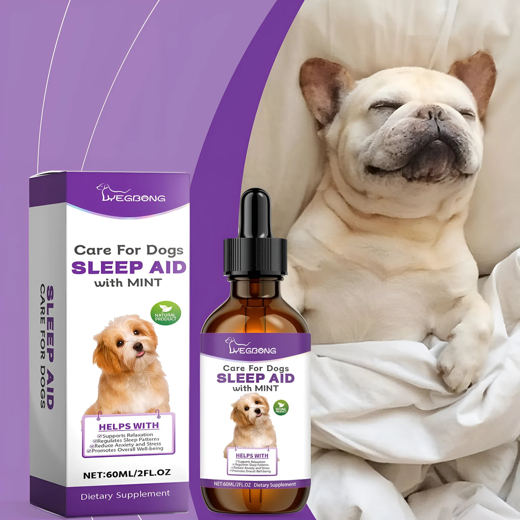 60ml dog sleep drops bottle measuring 3.3cm by 12cm with mint extract nursing supplement