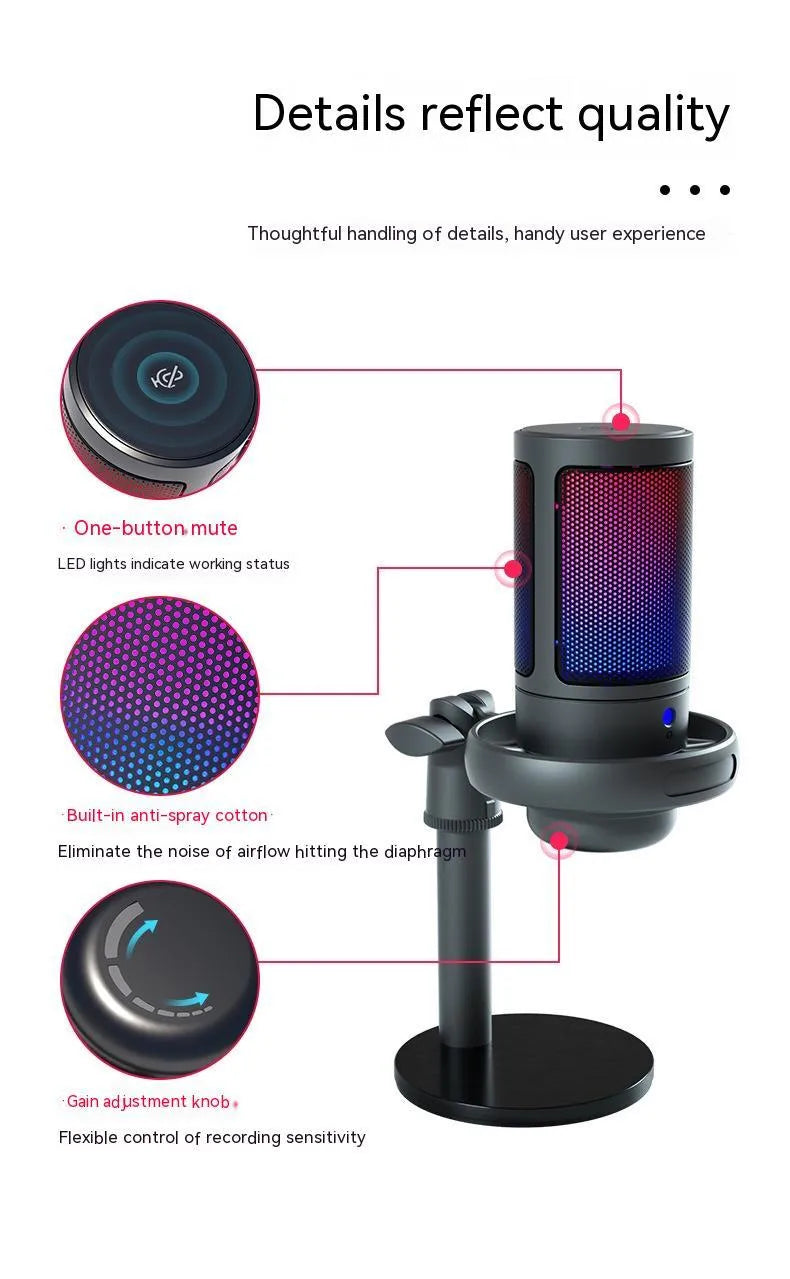 USB condenser microphone with RGB lighting in black, white, or pink colours for computer recording