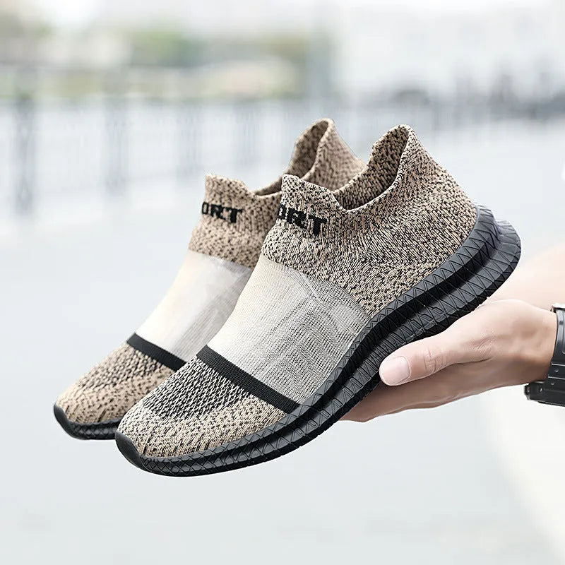 Casual Flyknit sock shoes in khaki colour with round toe and flat low heel.
