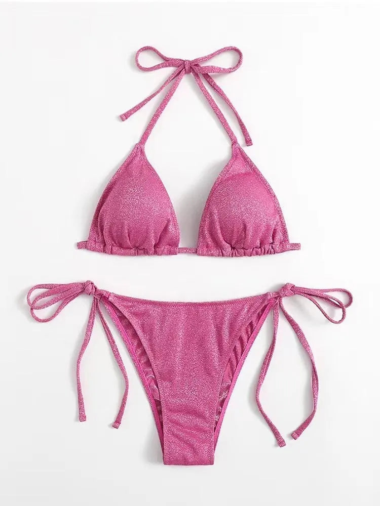 Women's split bandage style bikini swimsuit with halterneck top and briefs bottom in multiple colour options