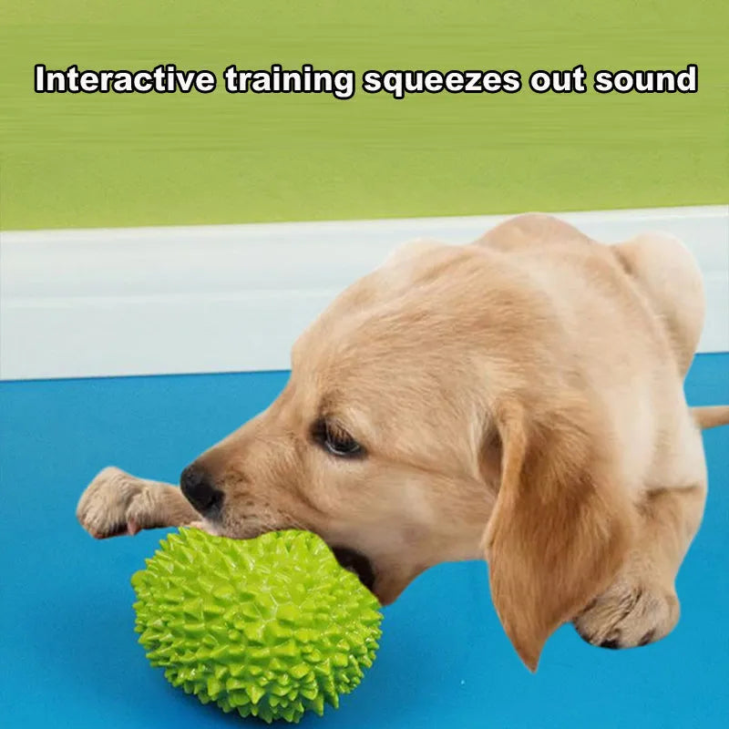 Beige, green, and yellow durian-shaped dog chew toy with textured surface for teeth cleaning