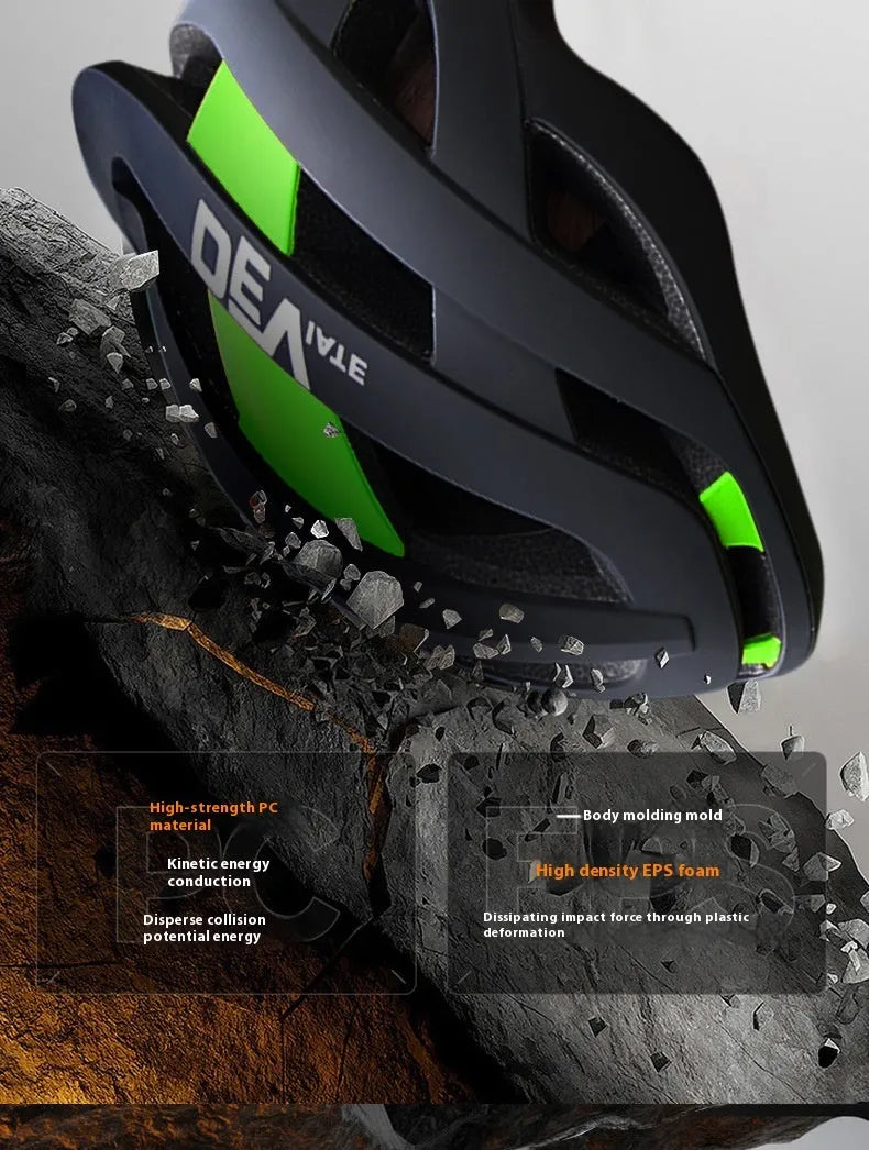 Matte black adult mountain bike helmet with coloured trim and integrated ventilation net, shown with adjustable head strap.