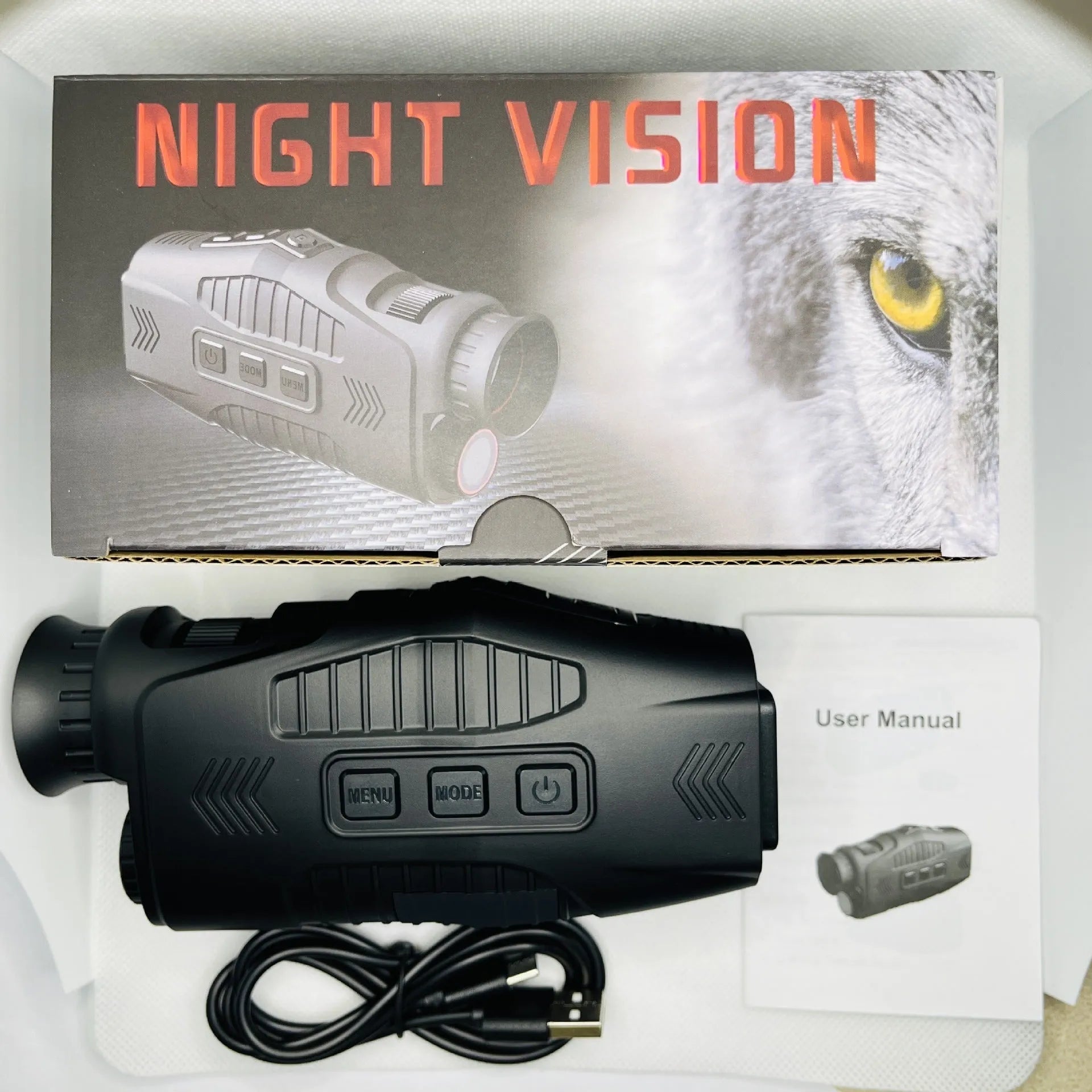 HD infrared night vision monocular with 1.54 inch display and 5X digital zoom on dark background