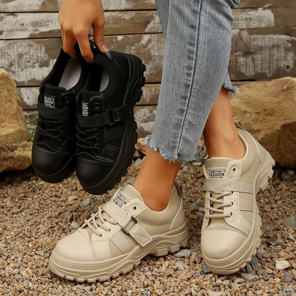 Women's lace-up canvas shoes with hook design, thick round-toe sole, artificial PU upper, available in black and cream white
