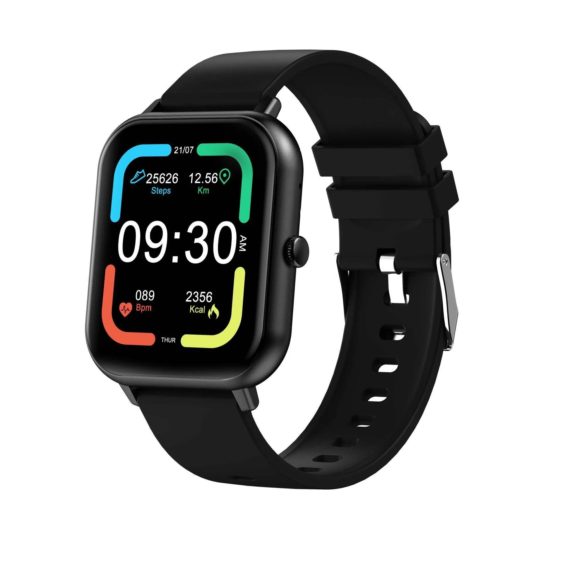 Bluetooth smart watch in black on wrist, showing heart rate and step count on its colour touchscreen.