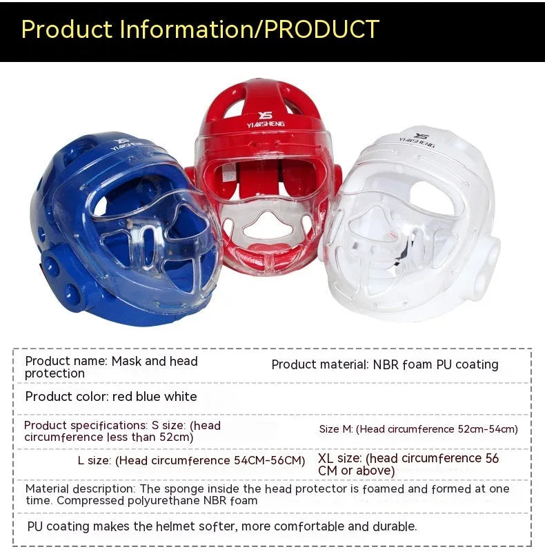 Karate helmet for boxing head protection shown in white, blue, and red colour options.