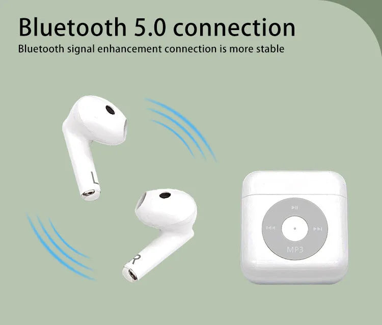 White wireless Bluetooth semi in-ear earphones next to their compact charging case.