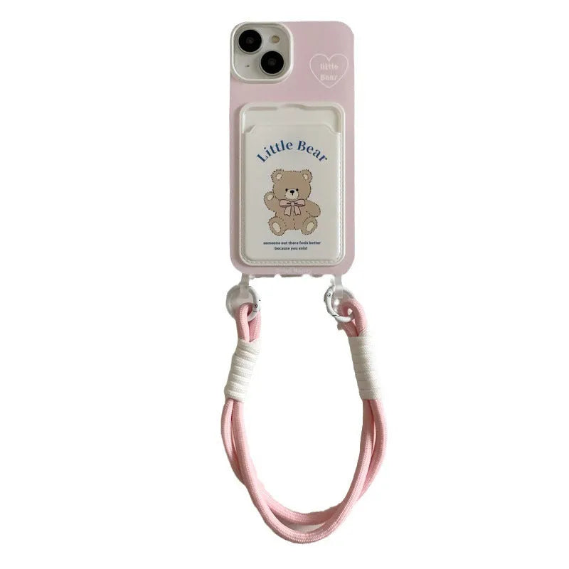 Pink bear TPU phone case with card holder and lanyard for iPhone 13