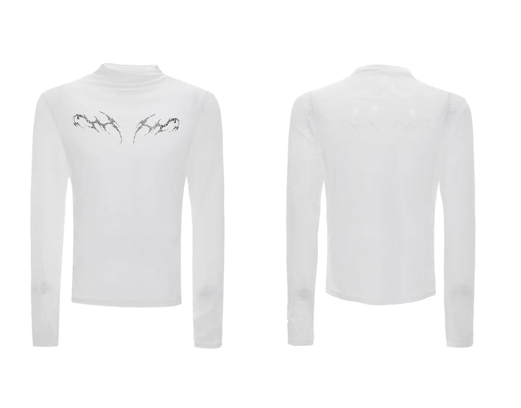 Man modelling a black slim-fit long sleeve mesh bottoming shirt with a textured ice-feel fabric.