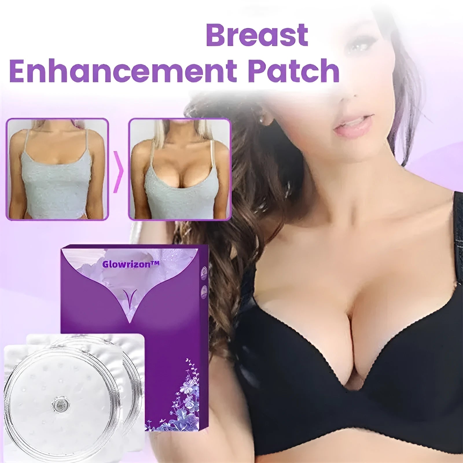 Single-use pair of adhesive chest patches for body tightening and breast enhancement skincare.