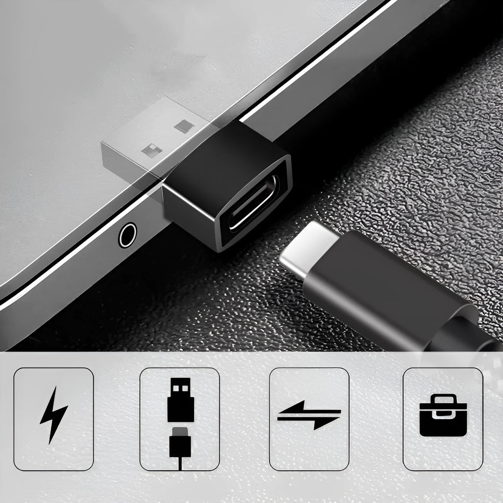 USB to Type-C adapter showing Type-C female and USB male connectors in black or silver finish