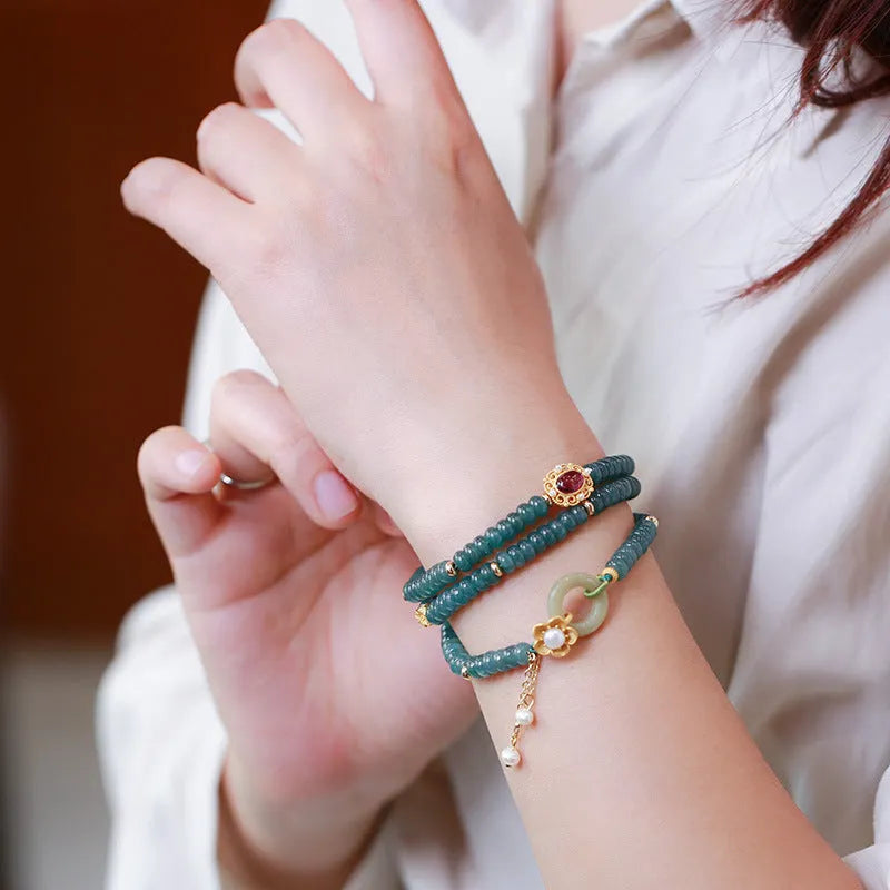 Blue water jade abacus bead bracelet with tourmaline rings and pearls on elastic string