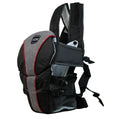 Double-shoulder baby carrier in red colour showing face-to-face carrying position
