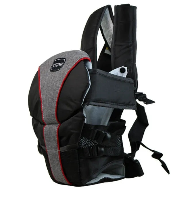 Double-shoulder baby carrier in red colour showing face-to-face carrying position