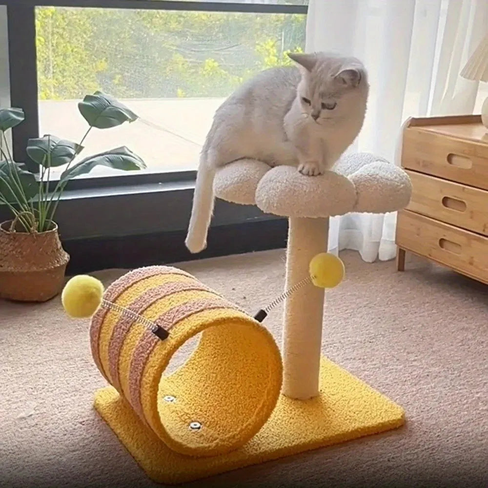 Yellow Bee-shaped cat climbing frame with a sisal scratching board and a fabric tunnel.