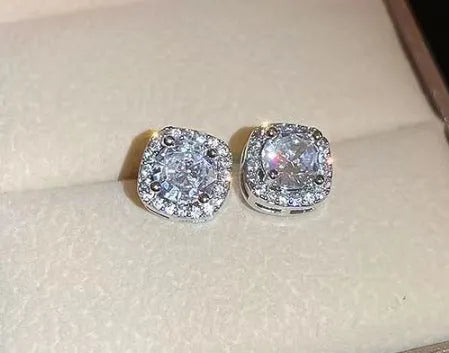 Square geometric diamond earrings for women in silver and gold colour options.