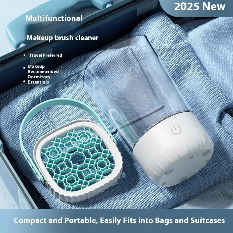White rechargeable electric makeup brush cleaner with rotating head and USB cable