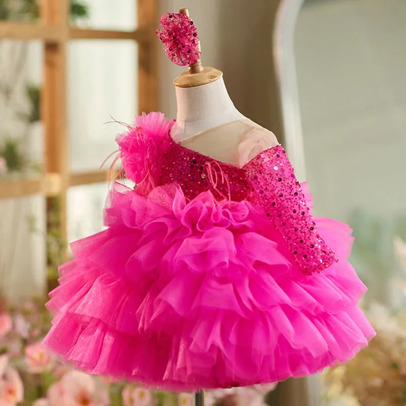 Rose red baby dress for one year old, polyester fibre, full length view on child, size 80-160cm
