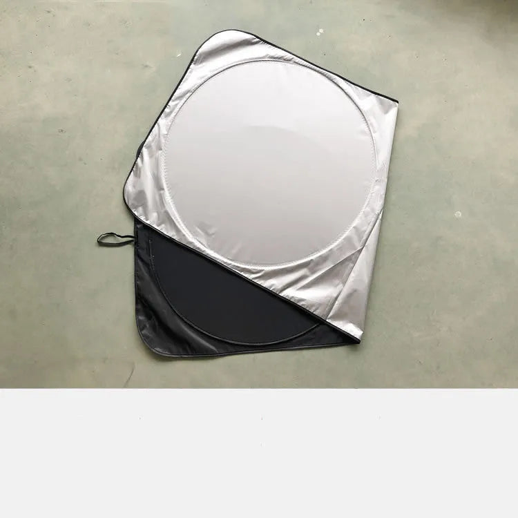 Silver tape car sunshade measuring 190cm by 90cm with storage cloth bag