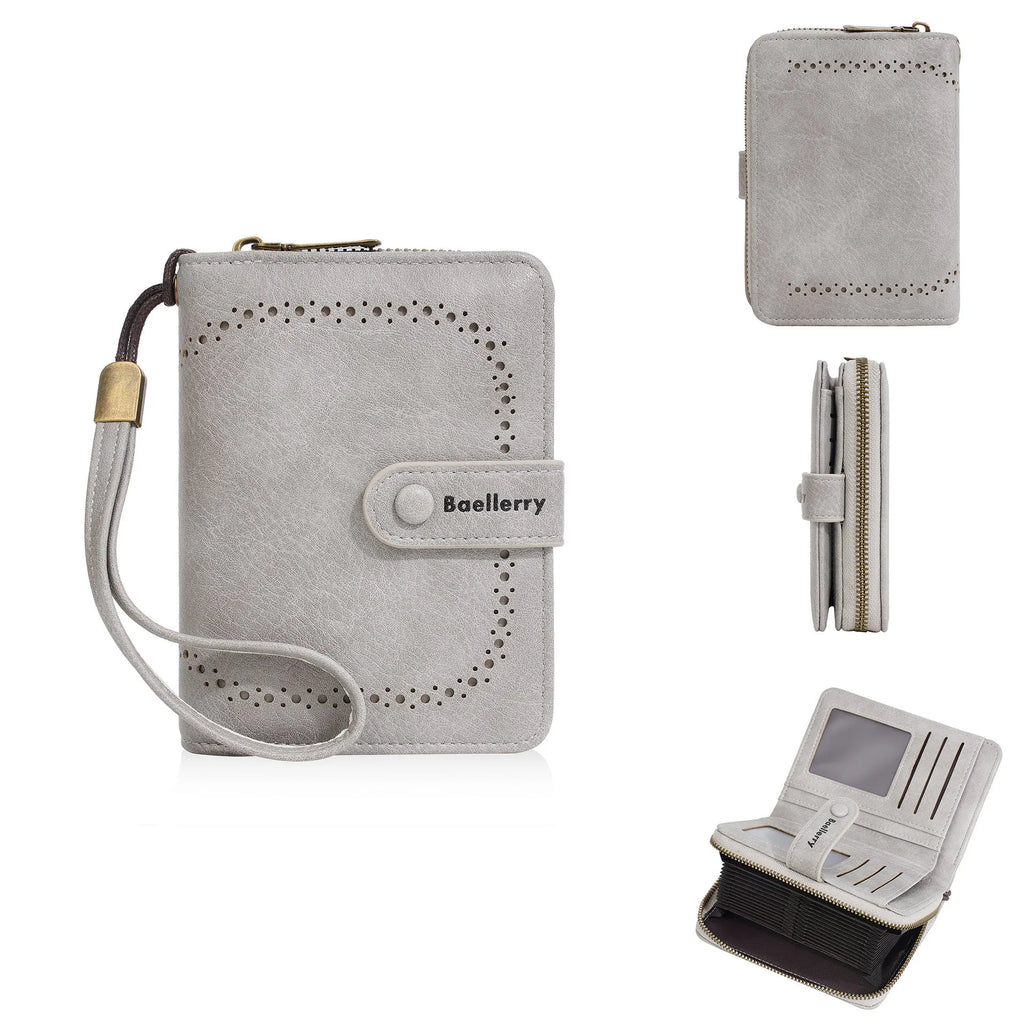 Women's black PU leather zipper coin purse wallet open to show card slots and coin compartment.