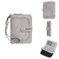 Women's black PU leather zipper coin purse wallet open to show card slots and coin compartment.