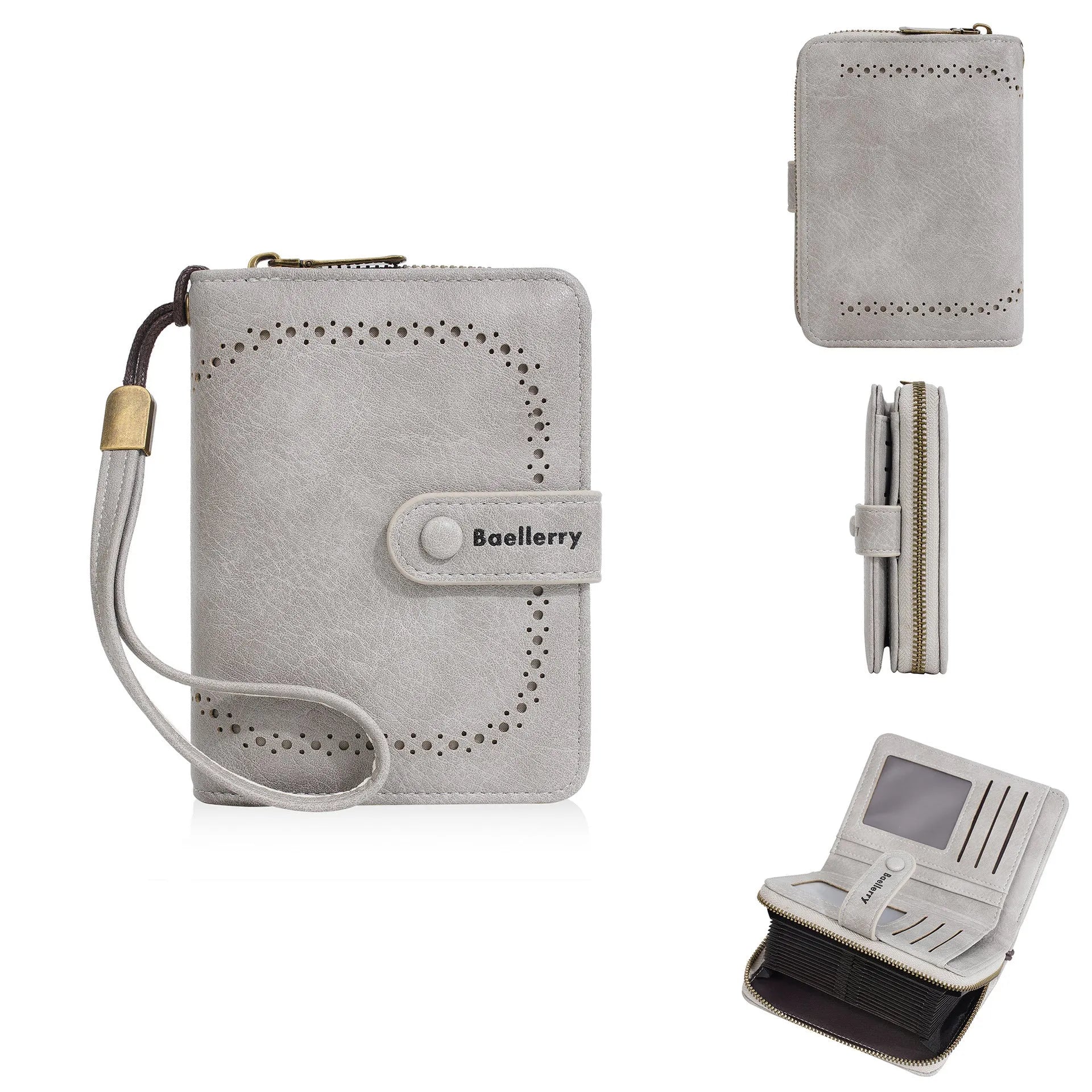 Women's black PU leather zipper coin purse wallet open to show card slots and coin compartment.