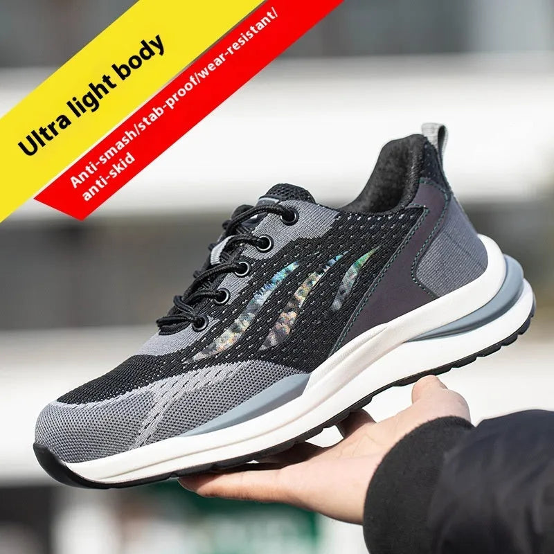 Men's black grey electrician safety shoes with plastic toe protection and shoelace binding