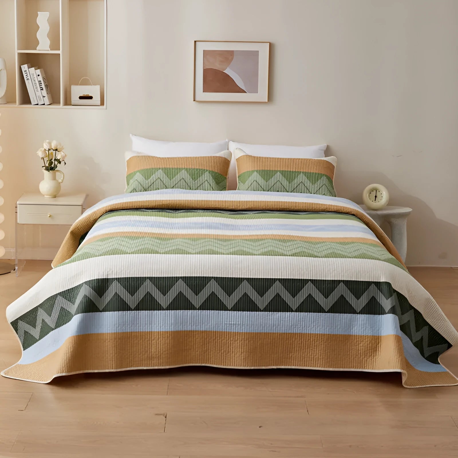 Pure cotton printed bed sheet set showing fitted sheet, flat sheet and pillowcase in modern simple design