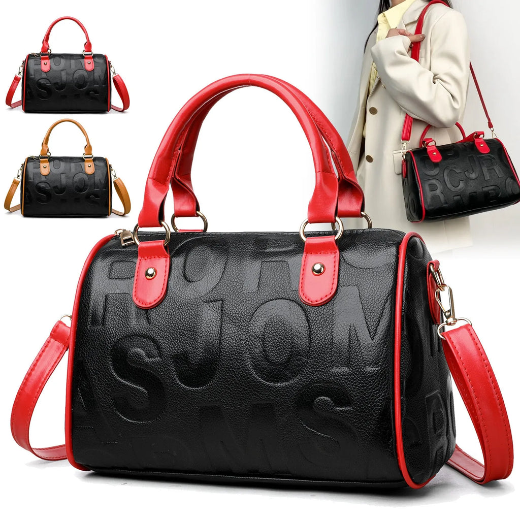 Cylindrical PU crossbody bag with three shoulder straps in red or brown colour with polyester lining