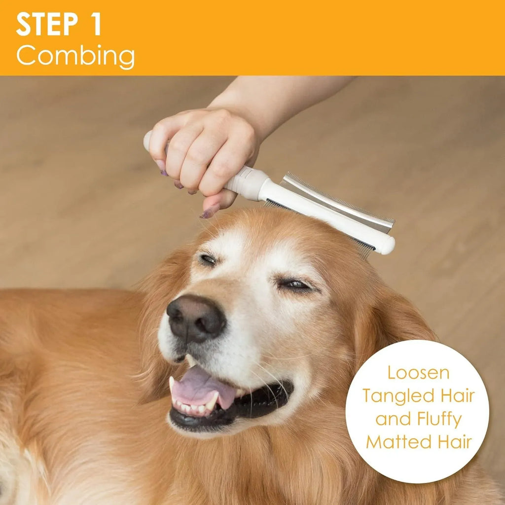 White double-sided dog and cat deshedding brush with curved comb and ergonomic handle