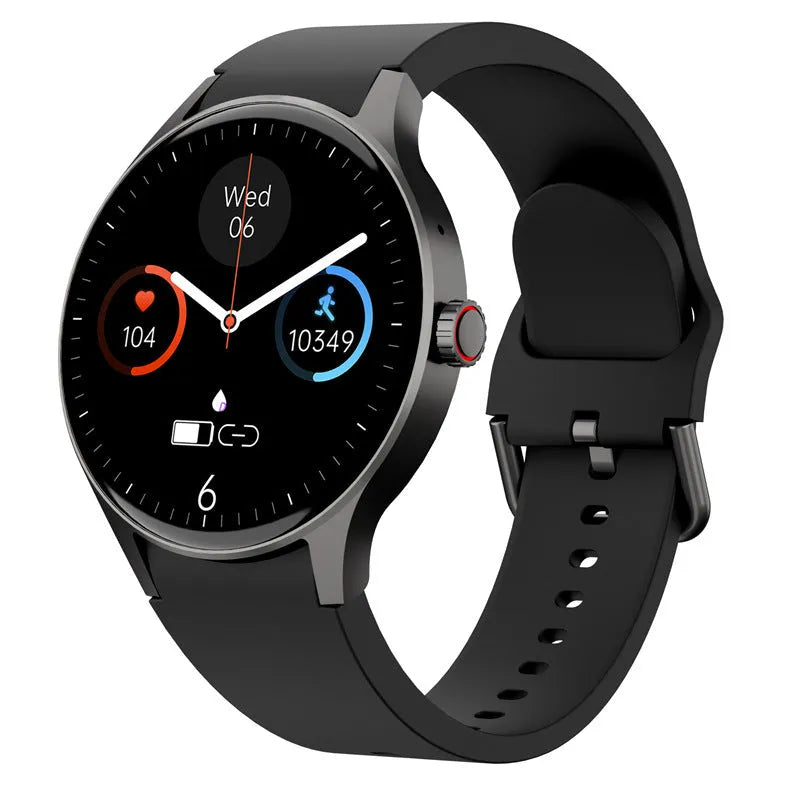 Smart Bluetooth sport watch with round touch screen showing display, IP68 waterproof rating