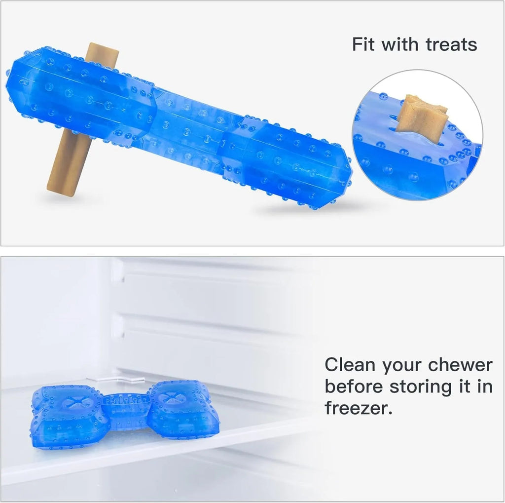 A freezable bone-shaped dog chew toy designed for cooling, teething, and dental care.