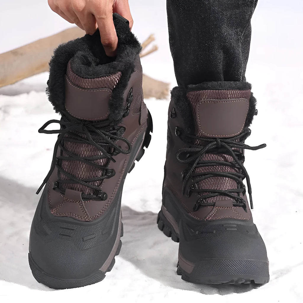 Men's black high-top lace-up boots with fleece lining, shown on a flat heel with a ribbed TPR outsole.